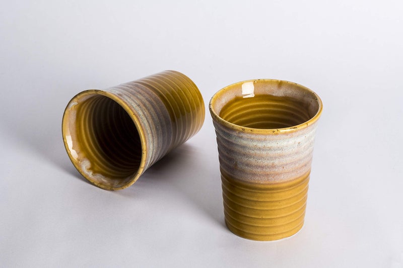 miah decor Miah Décor Handcrafted Ceramic Studio Pottery Glasses/Tumblers Set-Pack of 2 | Brown|L:3.4in, W:3.4in, H:4.2in|Dishwasher & Microwave Safe - Image 2