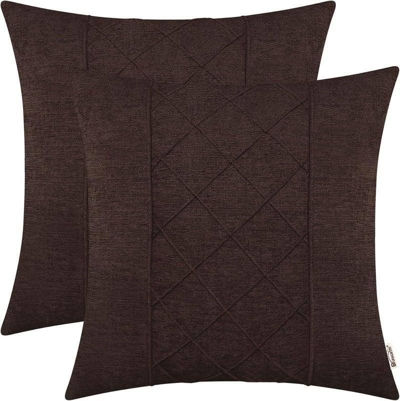 BRAWARM Throw Pillow Covers 18x18 Inches - Coffee Pleated Chenille Pillow Covers, Pack of 2 Solid Dyed Soft Chenille Pillow Cases for Couch Sofa Bed Home Decoration - Image 1