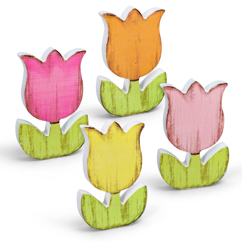 Whaline 4Pcs Spring Tulips Wood Signs Rustic Farmhouse Flowers Table Decoration Retro Centerpiece for Tiered Tray Multicolor Floral Block Tabletop Signs for Home Decor