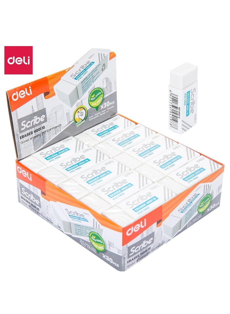 Deli Deli EH00110 Eraser 40×17×12mm WHITE 30pcs/box - ideal for school, office, and home use  - Image 1