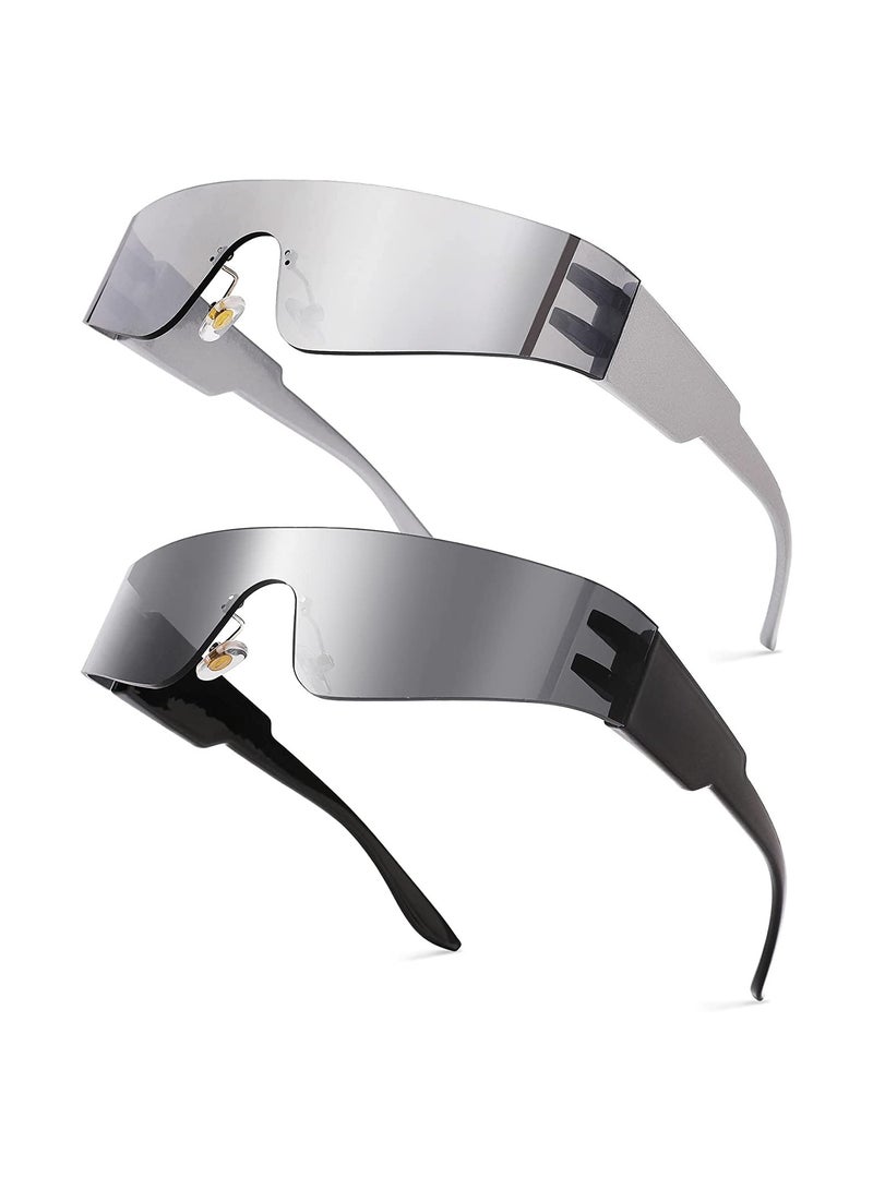 Excefore Trendy Wrap-Around Sunglasses 2Pcs Women Men Rimless Futuristic Y2K Fashion Flat Top Visor Shades Sun Glasses UV400 Rimless Sunglasses Monolithic Punk Sports Sunglasses Colorful Fashion Glasses - Image 1