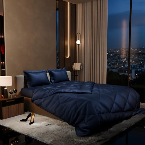 Stoa Paris Comforter Set Double Bed, 300TC Satin Double Bed Comforters, Aesthetic Home Decor, Lightweight, Breathable, Wedding, House Warming Gifts, Date Night - Mystique Blue - Image 1