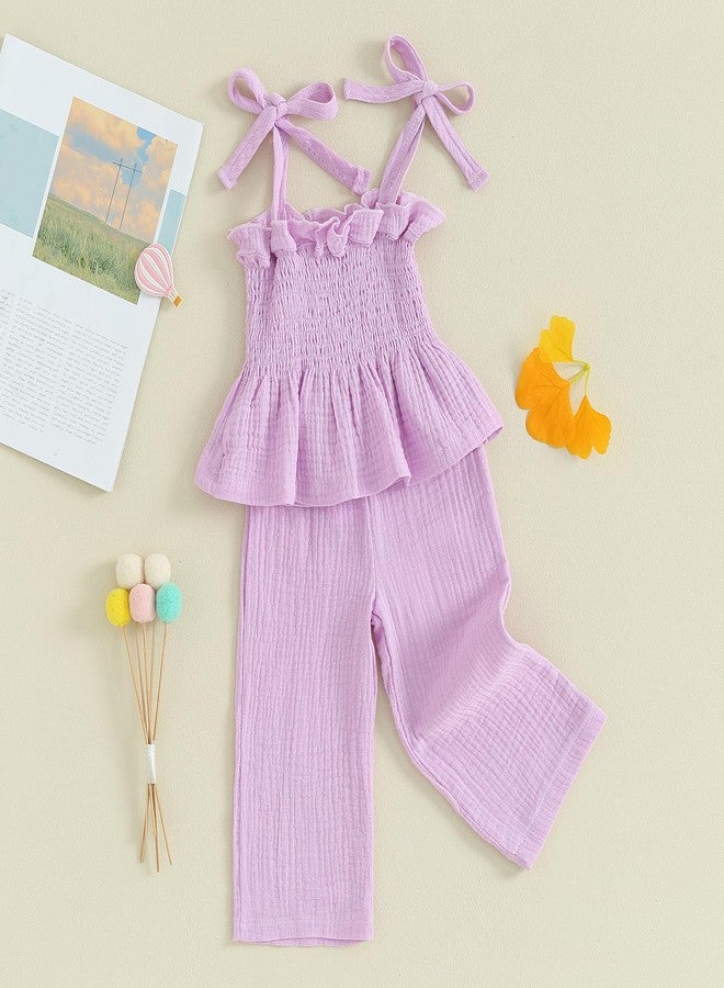 FOMOYUU Toddler Baby Girl Clothes Summer Tie-Up Ruffle Tops Linen Pants Set Infant Smocked Outfit (Purple, 9-12 Months) - Image 3