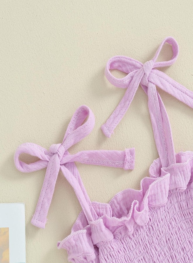 FOMOYUU Toddler Baby Girl Clothes Summer Tie-Up Ruffle Tops Linen Pants Set Infant Smocked Outfit (Purple, 9-12 Months) - Image 5