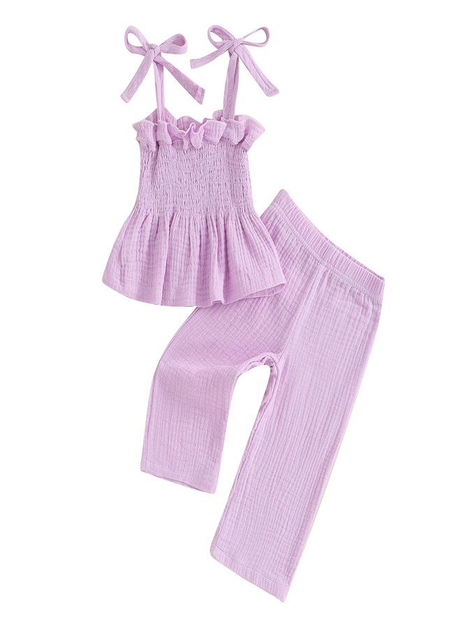 FOMOYUU Toddler Baby Girl Clothes Summer Tie-Up Ruffle Tops Linen Pants Set Infant Smocked Outfit (Purple, 9-12 Months) - Image 1