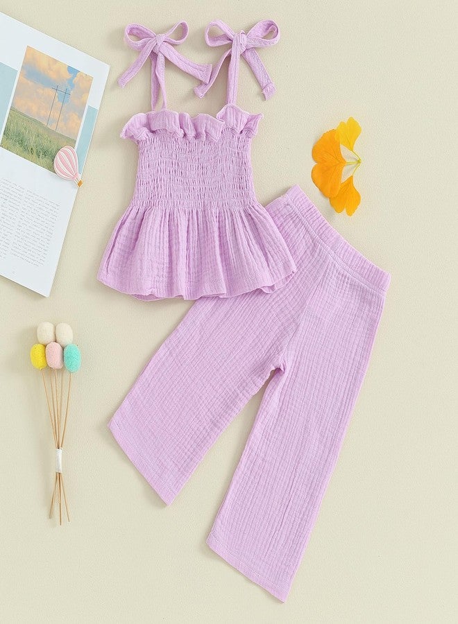 FOMOYUU Toddler Baby Girl Clothes Summer Tie-Up Ruffle Tops Linen Pants Set Infant Smocked Outfit (Purple, 9-12 Months) - Image 4