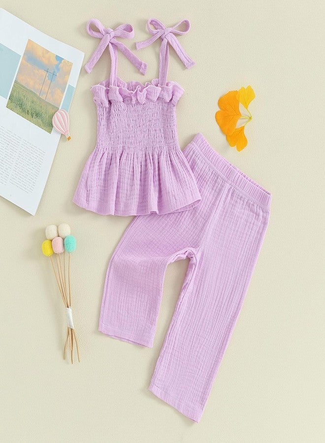 FOMOYUU Toddler Baby Girl Clothes Summer Tie-Up Ruffle Tops Linen Pants Set Infant Smocked Outfit (Purple, 9-12 Months) - Image 2