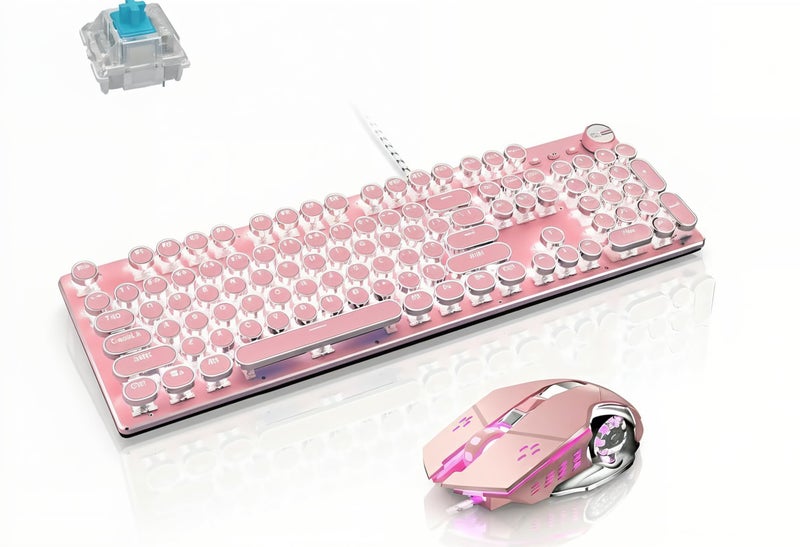 Basaltech Mechanical Gaming Keyboard and Mouse Combo, Retro Steampunk Vintage Typewriter-Style Keyboard with LED Backlit, 104-Key Anti-Ghosting Blue Switch Wired USB Metal Panel Round Keycaps, Pink - Image 1
