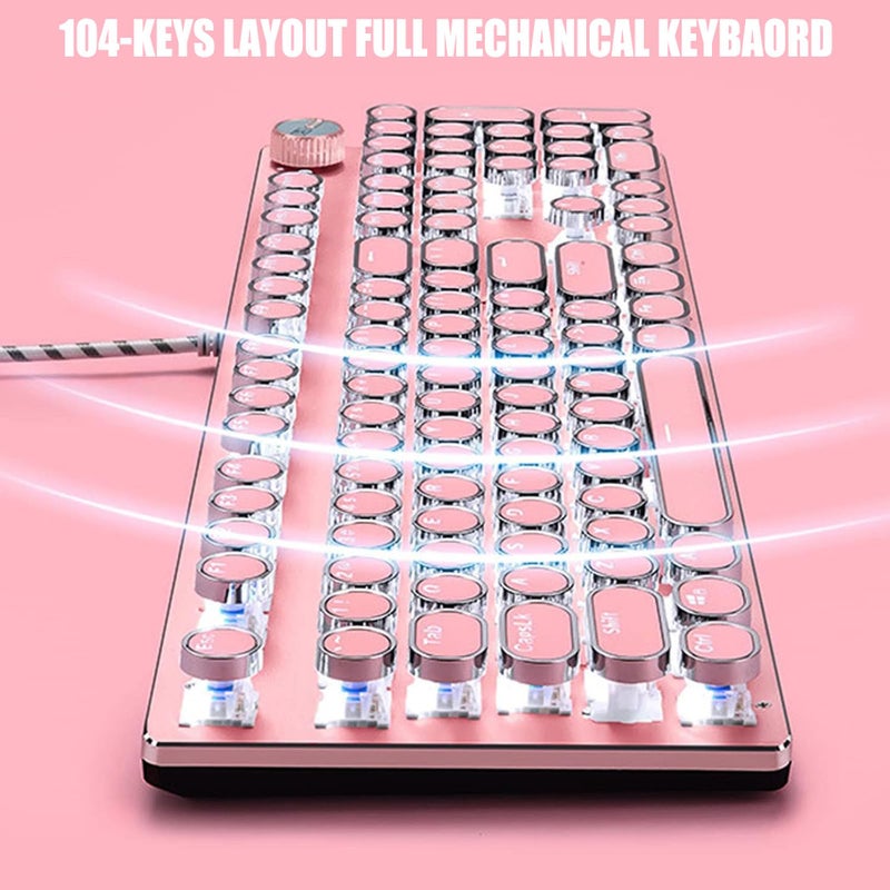 Basaltech Mechanical Gaming Keyboard and Mouse Combo, Retro Steampunk Vintage Typewriter-Style Keyboard with LED Backlit, 104-Key Anti-Ghosting Blue Switch Wired USB Metal Panel Round Keycaps, Pink - Image 5