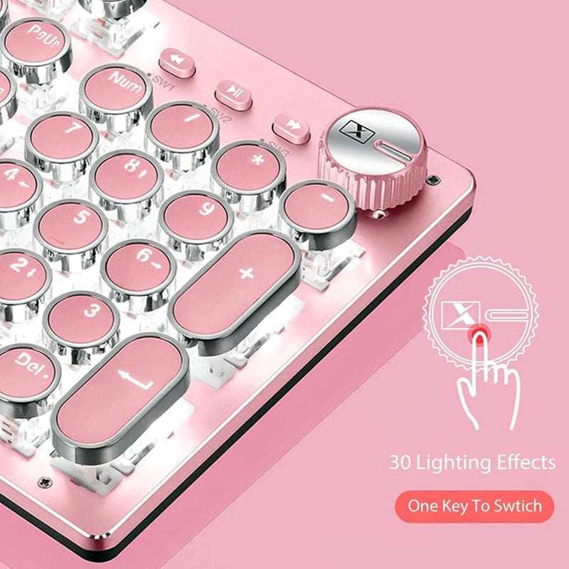 Basaltech Mechanical Gaming Keyboard and Mouse Combo, Retro Steampunk Vintage Typewriter-Style Keyboard with LED Backlit, 104-Key Anti-Ghosting Blue Switch Wired USB Metal Panel Round Keycaps, Pink - Image 3