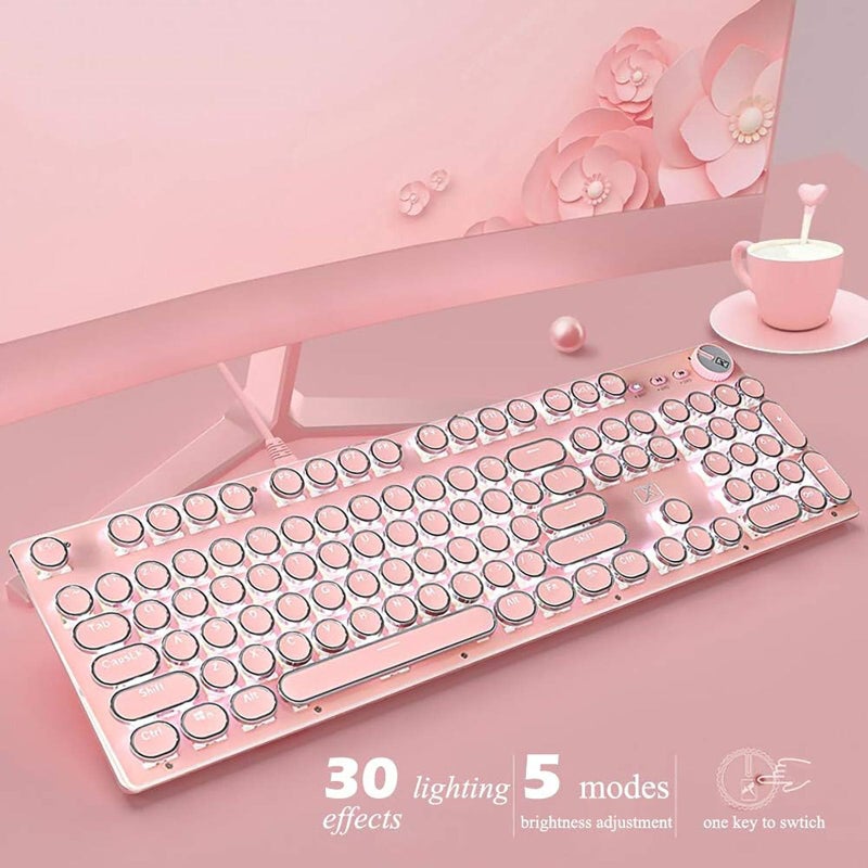 Basaltech Mechanical Gaming Keyboard and Mouse Combo, Retro Steampunk Vintage Typewriter-Style Keyboard with LED Backlit, 104-Key Anti-Ghosting Blue Switch Wired USB Metal Panel Round Keycaps, Pink - Image 2