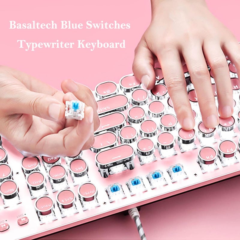 Basaltech Mechanical Gaming Keyboard and Mouse Combo, Retro Steampunk Vintage Typewriter-Style Keyboard with LED Backlit, 104-Key Anti-Ghosting Blue Switch Wired USB Metal Panel Round Keycaps, Pink - Image 4