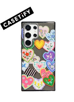 Multi-colored heart decals on black