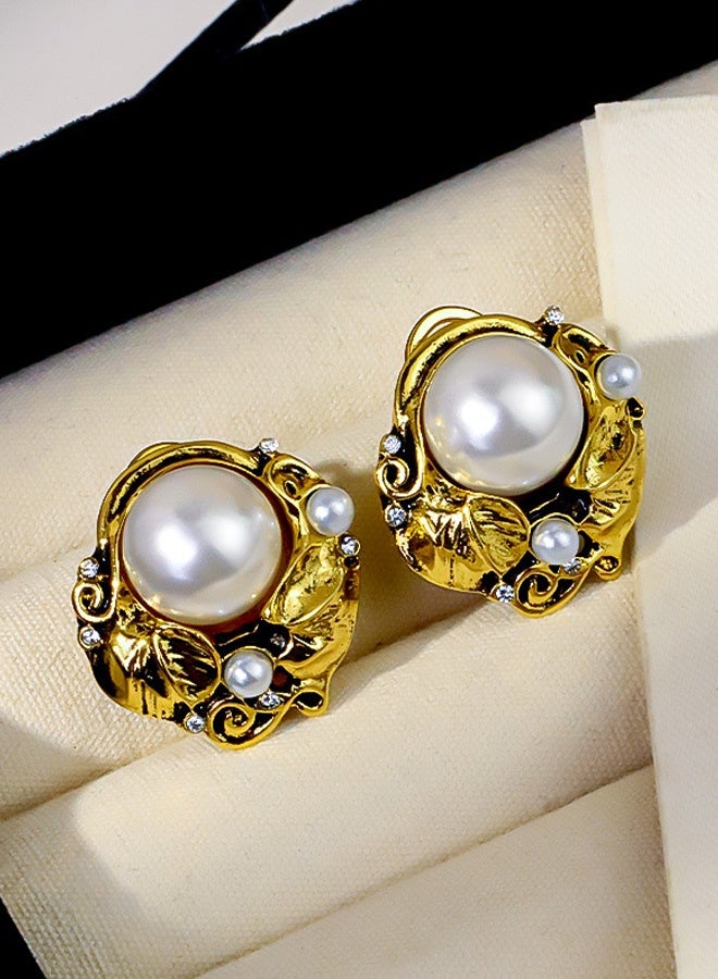 Vintage Gold Plated Pearl Stud Earrings for Women, Carved Pearl with Bead Accents, Retro Elegant Jewelry for Party Wedding and Daily Wear for Ladies Girls Women - Image 2