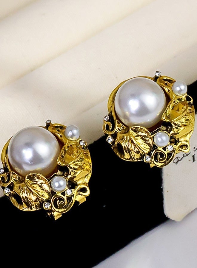 Vintage Gold Plated Pearl Stud Earrings for Women, Carved Pearl with Bead Accents, Retro Elegant Jewelry for Party Wedding and Daily Wear for Ladies Girls Women - Image 4