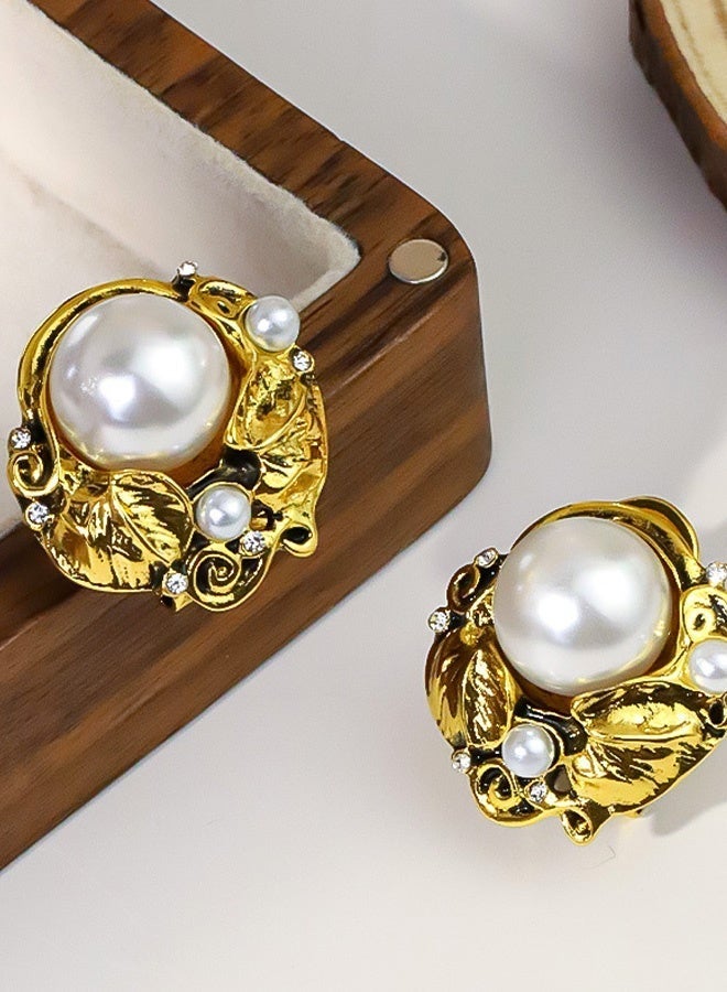 Vintage Gold Plated Pearl Stud Earrings for Women, Carved Pearl with Bead Accents, Retro Elegant Jewelry for Party Wedding and Daily Wear for Ladies Girls Women - Image 5