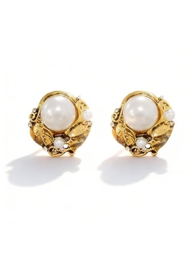 DAEVO Gold Plated Victorian Leaf Baroque Pearl Stud Earrings for Women - Image 1