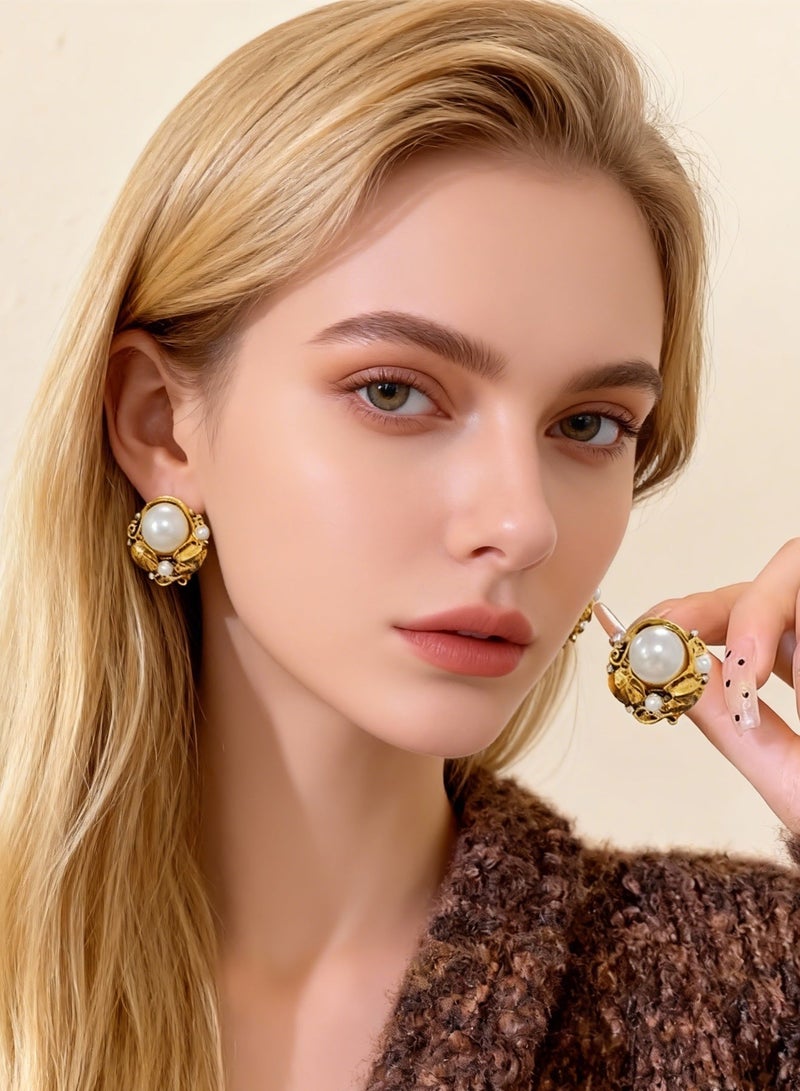 DAEVO Gold Plated Victorian Leaf Baroque Pearl Stud Earrings for Women - Image 4