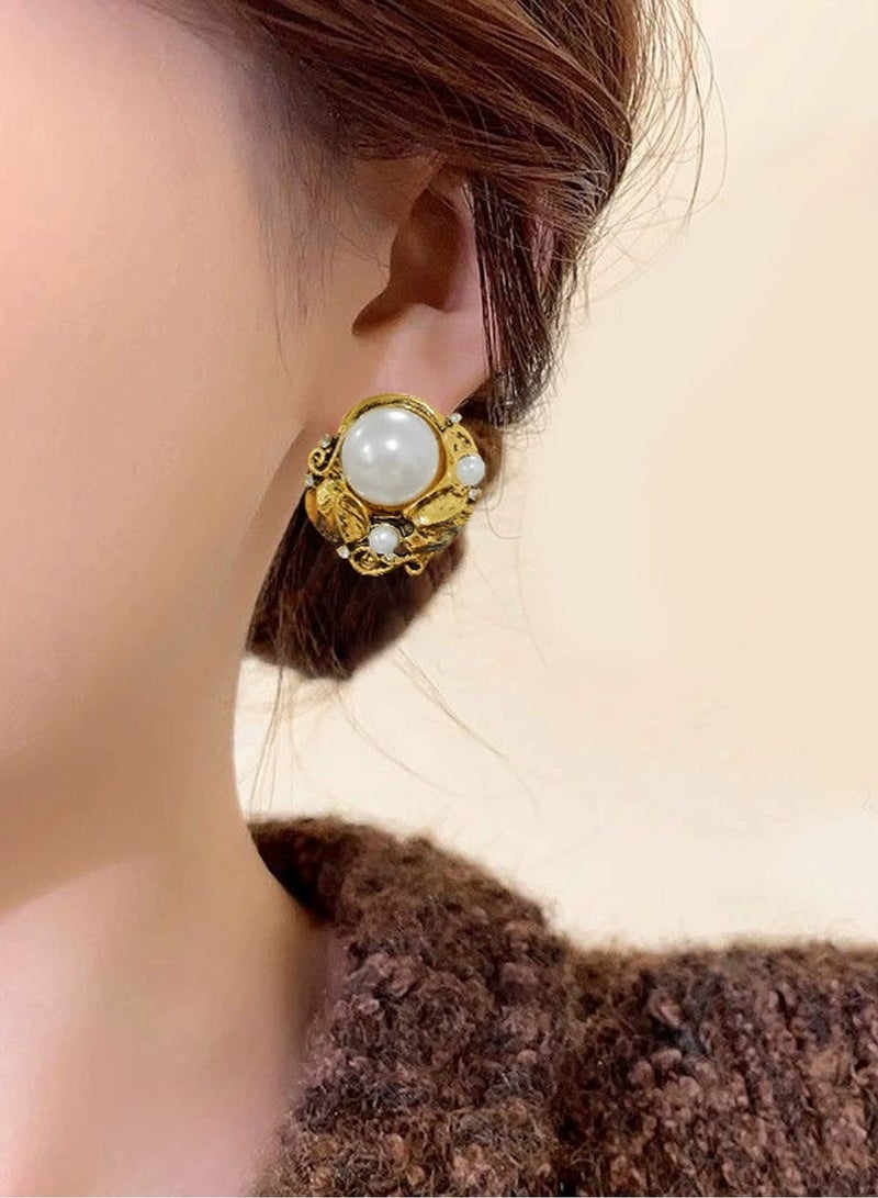 DAEVO Gold Plated Victorian Leaf Baroque Pearl Stud Earrings for Women - Image 3