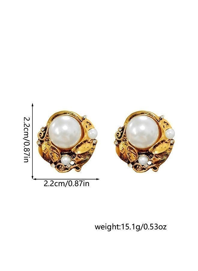 DAEVO Gold Plated Victorian Leaf Baroque Pearl Stud Earrings for Women - Image 4