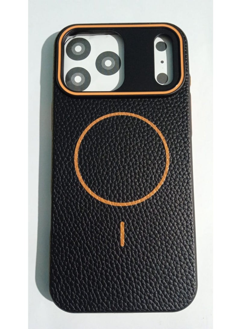 Leather phone case with magnetic charging port, made of durable and wear-resistant TPU material with a textured faux leather exterior, compatible with iPhone 17 Pro Max