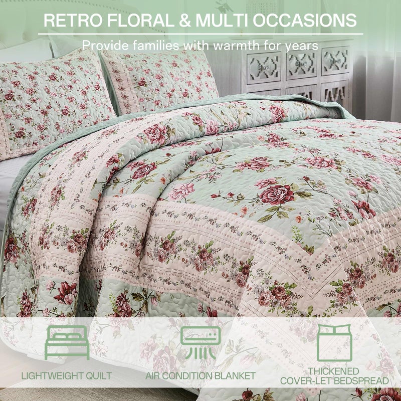 Xruibed Floral Quilt Set Queen Size, 3PCs Antique Rose Green Bedspread Coverlet Set, Lightweight Soft Microfiber Green Quilt Set with 2 Pillowcases for All Season (Queen Size 96"x90") - Image 3