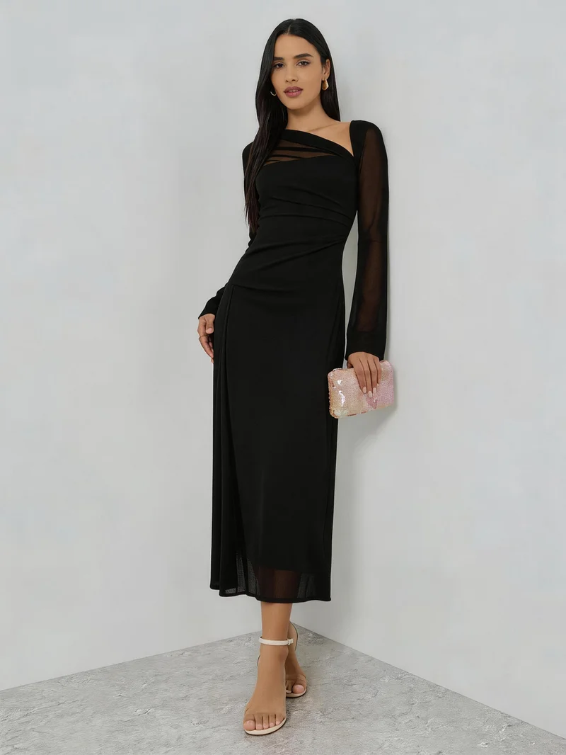 Take Two Black Asymmetric Neck Long Sleeve Maxi Dress