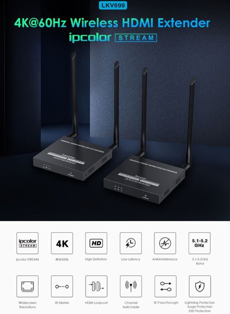لينكينج محول HDMI لاسلكي بدقة 4K  مجموعة جهاز إرسال واستقبال، 60 هرتز، حتى 50 متر، تأخير منخفض ودعم تحكم IR - Image 3