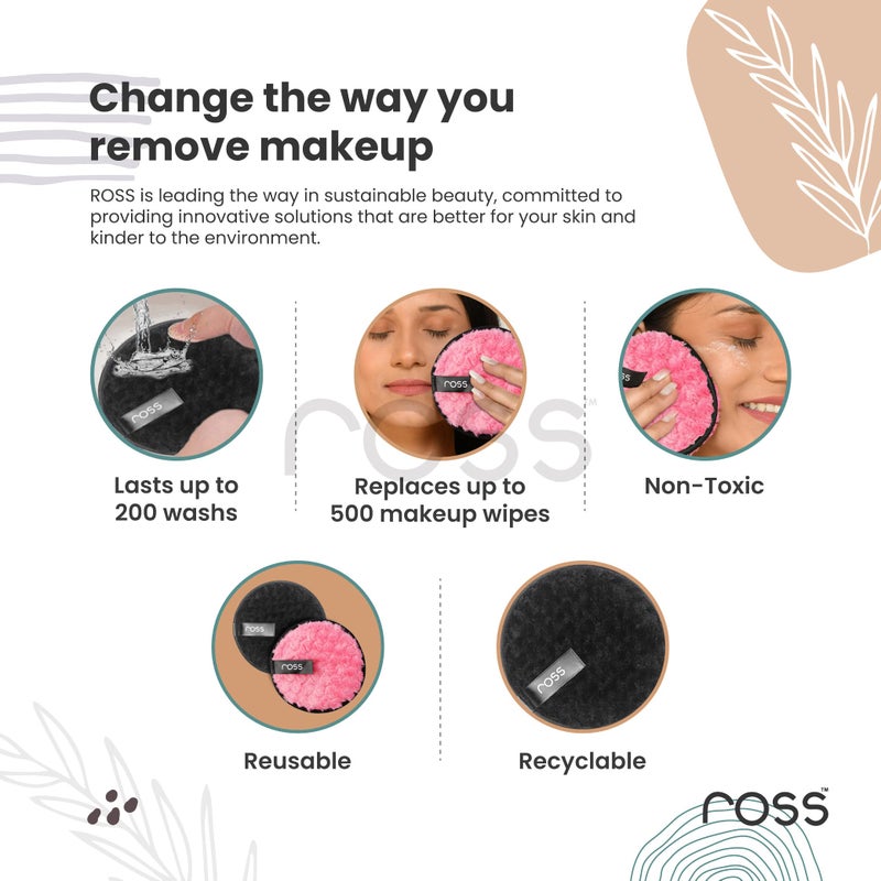 Ross Reusable Multipurpose Makeup Removal | Facial Makeup Remover, Eye Makeup Remover & Foundation Simple Makeup Remover | Safe For Dry & Sensitive Skin 1 Count (Pack Of 2) Pink & Black - Image 2