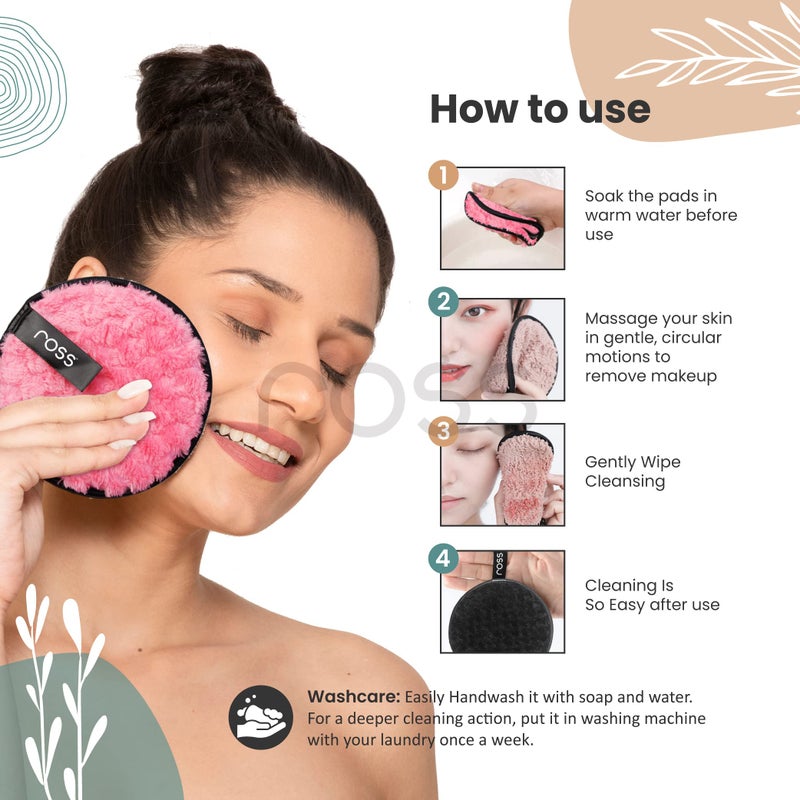 Ross Reusable Multipurpose Makeup Removal | Facial Makeup Remover, Eye Makeup Remover & Foundation Simple Makeup Remover | Safe For Dry & Sensitive Skin 1 Count (Pack Of 2) Pink & Black - Image 3
