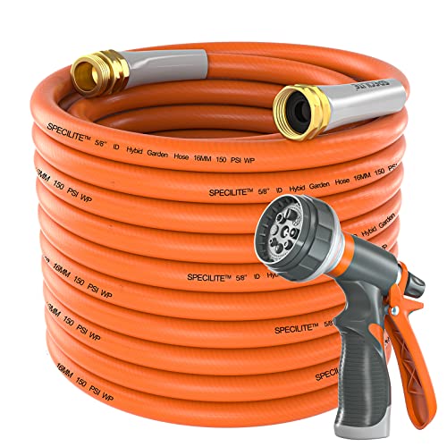 SPECILITE Garden Hose 50 ft x 5/8 in Heavy Duty, Flexible and Lightweight Water Hose, Burst 600 psi, Kink-less Hybrid Rubber Hose for Backyard, 3/4'' Brass Fittings - Image 1