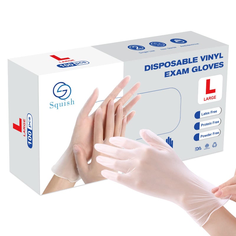 squish Disposable Gloves 100 Count 4 mil Clear Vinyl Gloves Latex Free PowderFree Health Glove Cleaning Rubber Glove for Kitchen Cooking Cleaning Food Handling Large