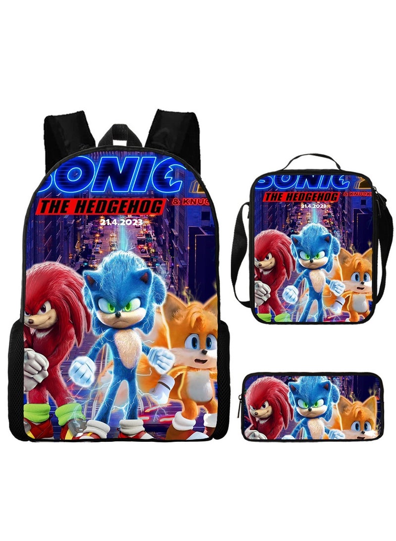 سونيك حقيبة ظهر سونيك الابتدائية للمدرسة، حقيبة ظهر كرتونية أنمي، حقيبة أقلام رصاص، مجموعة من ثلاث قطع 29*16*42 سم