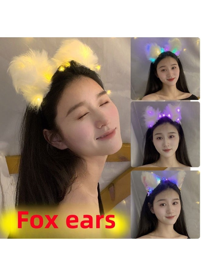 Japanese Style Cute Plush Light Bell Fox Ear Fox Ear Accessories Luminous Cat Ear Cyber Celebrant Photo Hair Band-Color:Fox Ears White Light  - Image 2