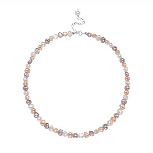 HENGSHENG Natural Pearls Necklace Freshwater Baroque Pearls Necklace for Womens Pearl Strand Choker Necklace S925 Sterling Silver Clasp White Necklace ChainColorful 56mm Silver Clasp - Image 1