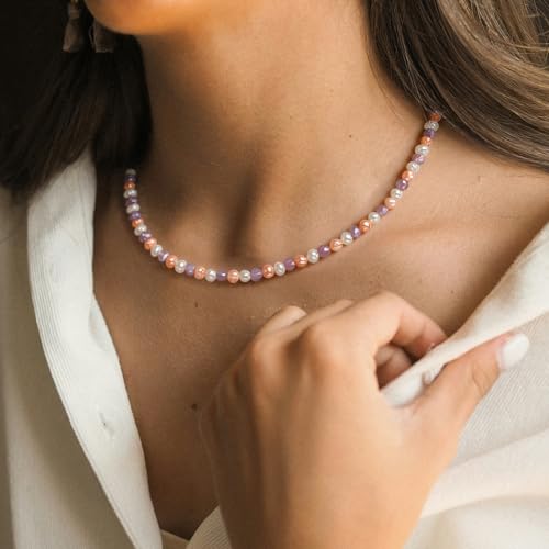 HENGSHENG Natural Pearls Necklace Freshwater Baroque Pearls Necklace for Womens Pearl Strand Choker Necklace S925 Sterling Silver Clasp White Necklace ChainColorful 56mm Silver Clasp - Image 3