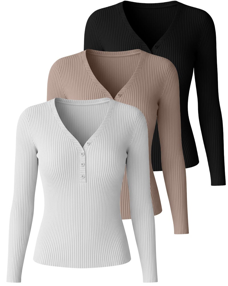 Huukeay 3 Pack Women's Ribbed Henley Long Sleeve Shirts, Button V Neck Tunic Tops Slim Fit Casual Soft Basic Knit Tee Blouse(Black, White, Mocha,S) - Image 3
