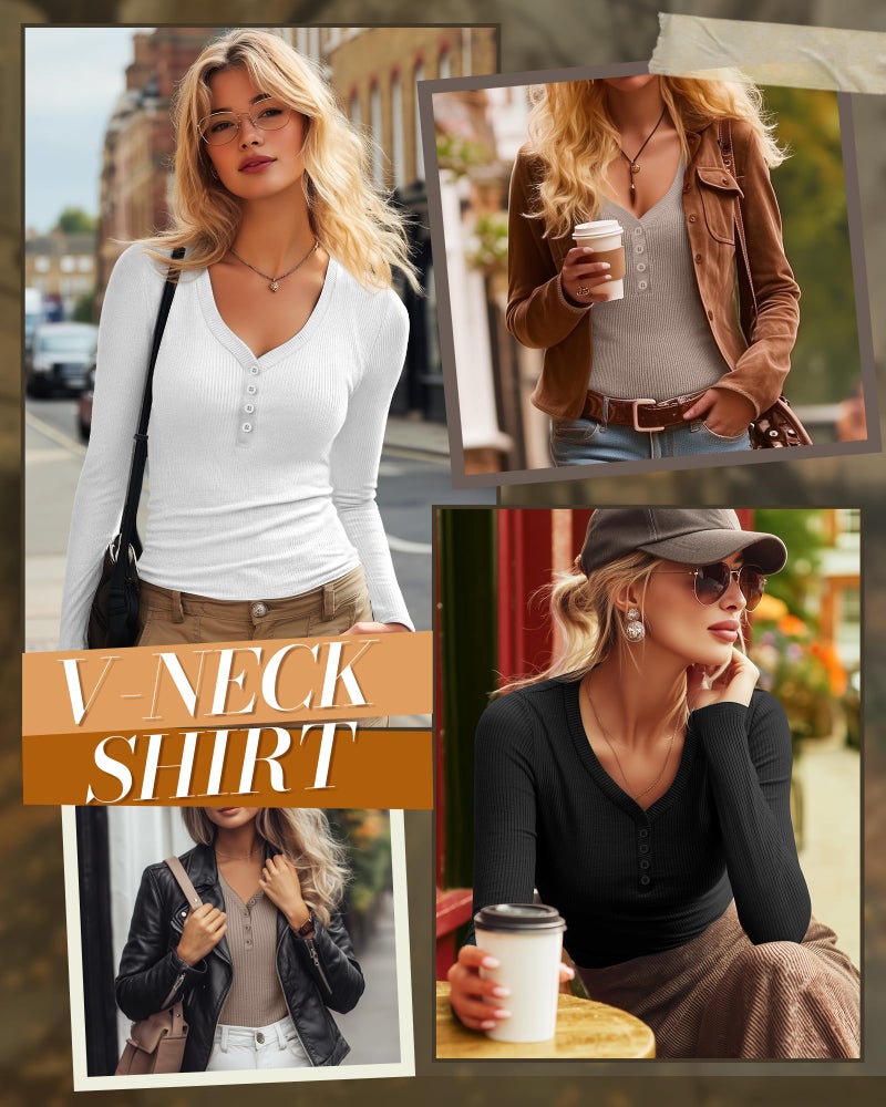 Huukeay 3 Pack Women's Ribbed Henley Long Sleeve Shirts, Button V Neck Tunic Tops Slim Fit Casual Soft Basic Knit Tee Blouse(Black, White, Mocha,S) - Image 2