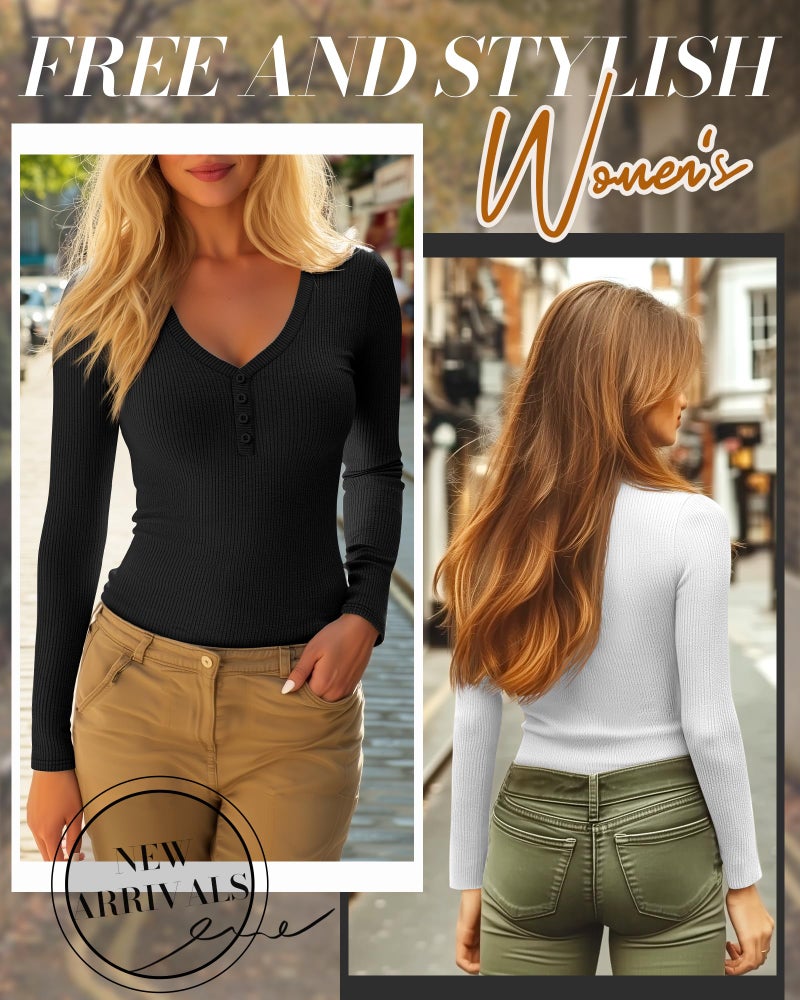 Huukeay 3 Pack Women's Ribbed Henley Long Sleeve Shirts, Button V Neck Tunic Tops Slim Fit Casual Soft Basic Knit Tee Blouse(Black, White, Mocha,S) - Image 4