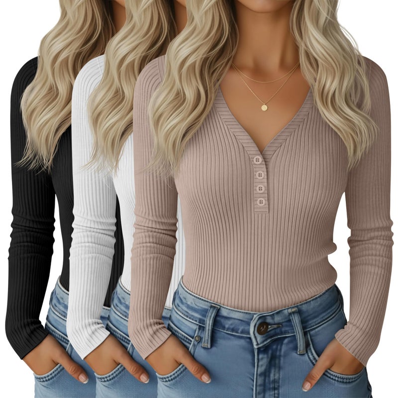 Huukeay 3 Pack Women's Ribbed Henley Long Sleeve Shirts, Button V Neck Tunic Tops Slim Fit Casual Soft Basic Knit Tee Blouse(Black, White, Mocha,S) - Image 1