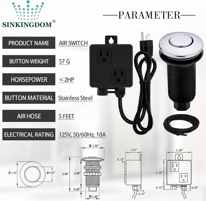 SINKINGDOM Garbage Disposal Sink Top Air Switch Kit with Long Button, Chrome(Brass cover) - Image 2