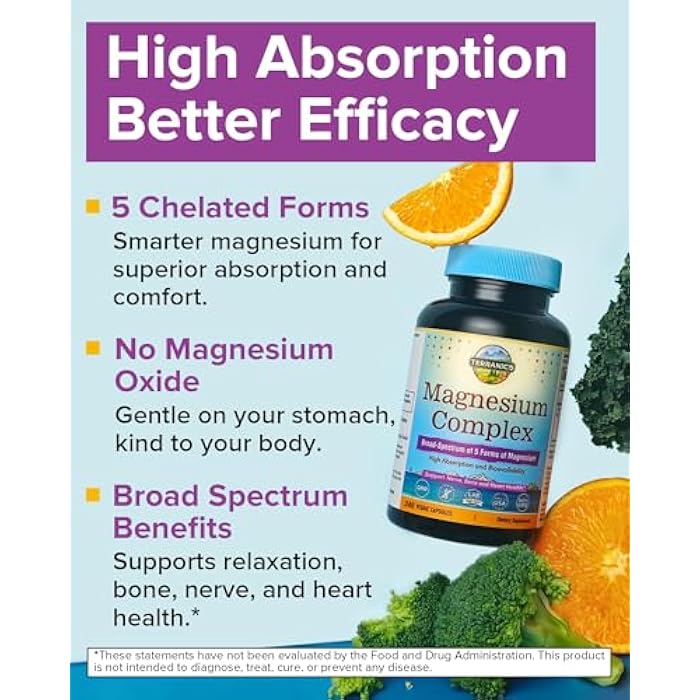 Terranics 5 in 1 Magnesium Complex Supplement 1000mg - 5 Forms High Absorption Magnesium Glycinate Citrate Malate Aspartate Gluconate for Sleep Heart Health - Non-GMO 240 Vegan Capsules - Image 3