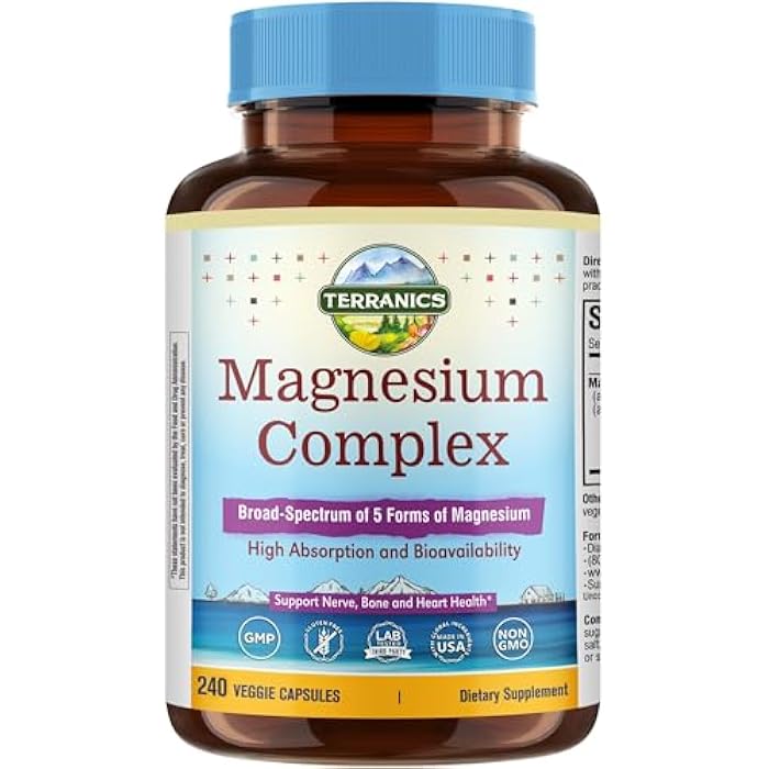 Terranics 5 in 1 Magnesium Complex Supplement 1000mg - 5 Forms High Absorption Magnesium Glycinate Citrate Malate Aspartate Gluconate for Sleep Heart Health - Non-GMO 240 Vegan Capsules - Image 1