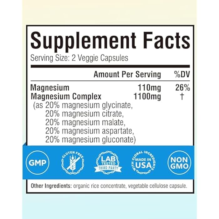Terranics 5 in 1 Magnesium Complex Supplement 1000mg - 5 Forms High Absorption Magnesium Glycinate Citrate Malate Aspartate Gluconate for Sleep Heart Health - Non-GMO 240 Vegan Capsules - Image 2