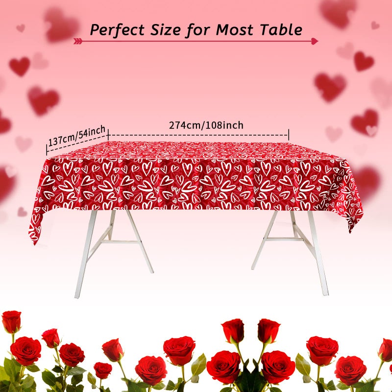 PERFQU 3 Pcs Valentines Tablecloth-Heart Love Valentine's Table Cover, Disposable Plastic Rectangle Heart Table Cloth for Valentine's Day, Wedding, Engagement Anniversary, Birthday Party, 54x108 inch - Image 3