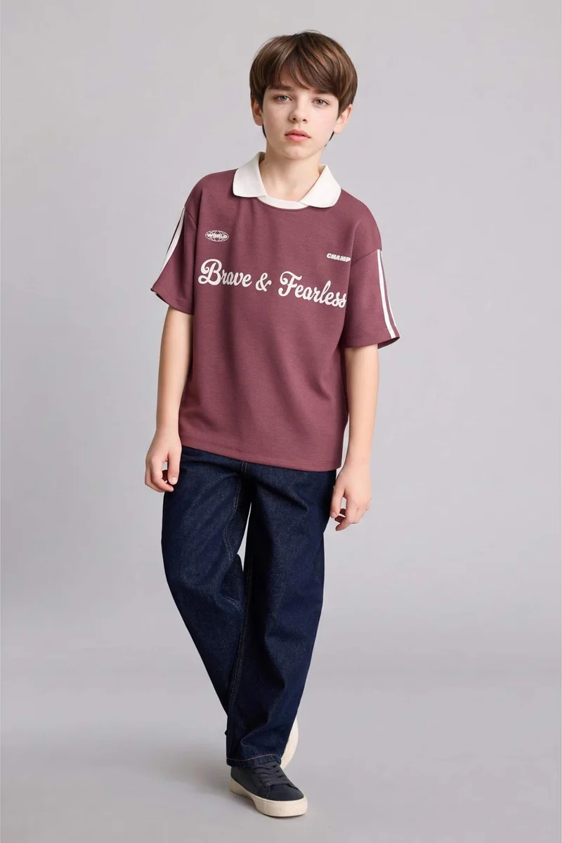 ديفاكتو Boy Oversize Fit Slogan Short Sleeve Polo T-Shirt