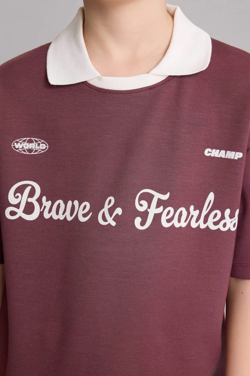 ديفاكتو Boy Oversize Fit Slogan Short Sleeve Polo T-Shirt