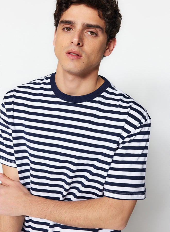 trendyol Navy Blue Oversize/Wide Cut Striped Short Sleeve T-Shirt TMNSS20TS0511 - Image 5
