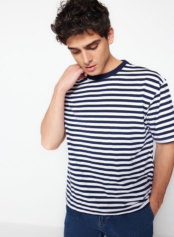 trendyol Navy Blue Oversize/Wide Cut Striped Short Sleeve T-Shirt TMNSS20TS0511 - Image 4