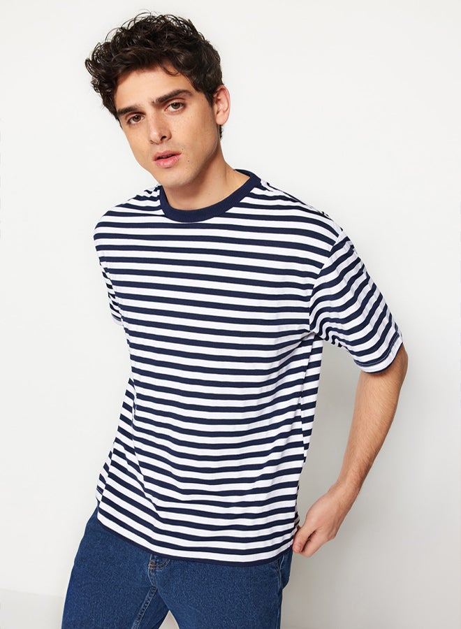 trendyol Navy Blue Oversize/Wide Cut Striped Short Sleeve T-Shirt TMNSS20TS0511 - Image 1